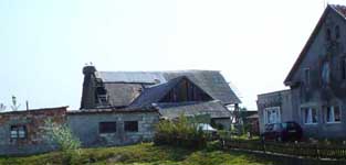 Barn with tin and thatch roof, and storks